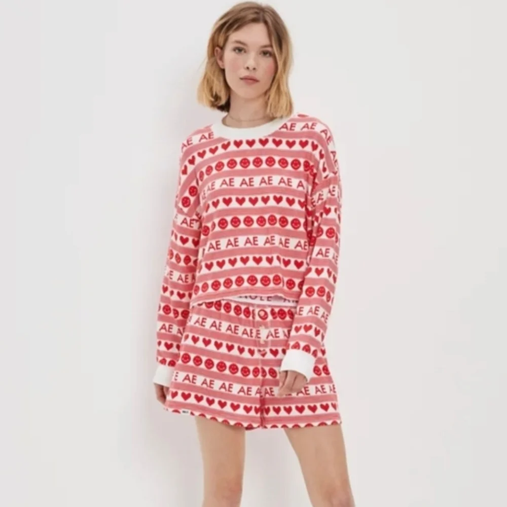 NEW American Eagle Heart Smiley Long Sleeve & Shorts Lounge Pajama Set Size XL